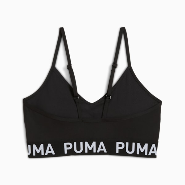 Black PUMA crop top for women with thin straps and PUMA branded under band.
