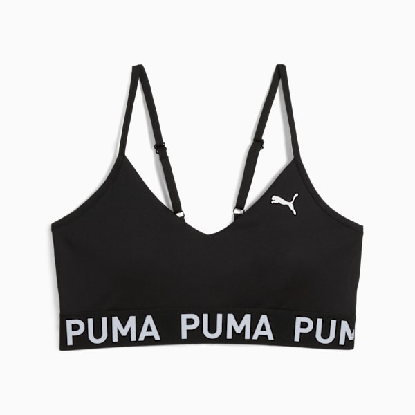 Black PUMA women's bra with thin straps and a white logo band.