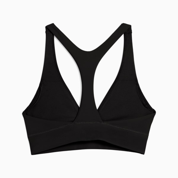 Black PUMA sports bra for women with racerback and mesh lining, rear view.