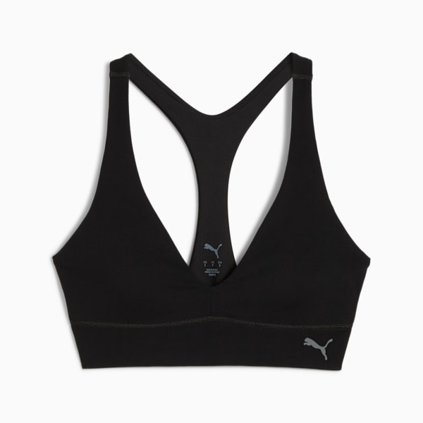 Black PUMA sports bra for women, featuring a racerback design and subtle logo detail.