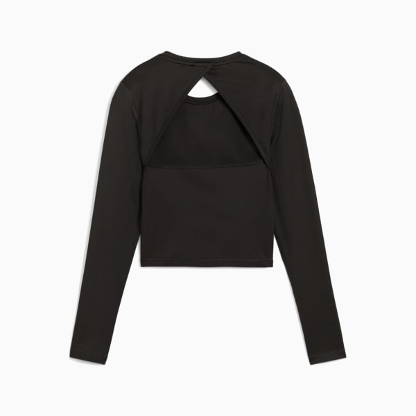 Black PUMA top for women with long sleeves and an open back design.