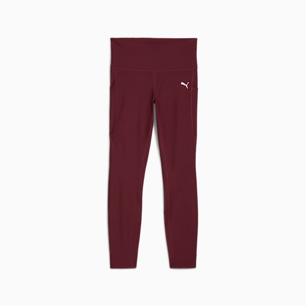 Burgundy PUMA leggings for women with side pockets and a white logo.
