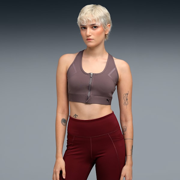 Front Zip Women's High Impact Support Sports Bra, Raisin, extralarge-IND