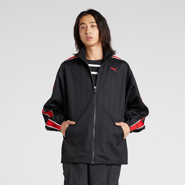 メンズ トレーニング シャドウ ストライプ ニット ジャケット, PUMA Black-For All Time Red, extralarge-JPN