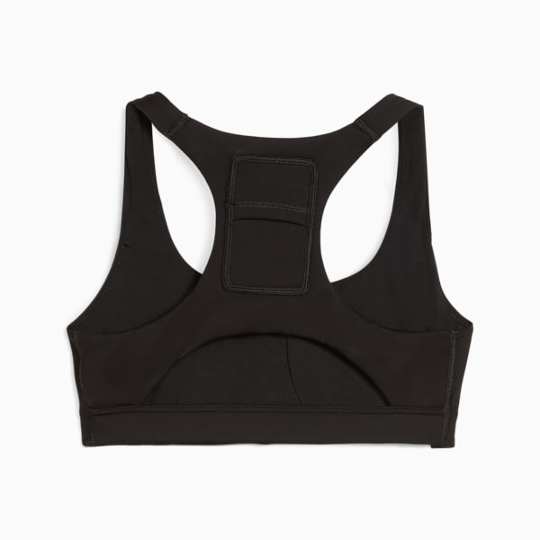 Black PUMA women's sports bra with a pocket on the back, racerback style.