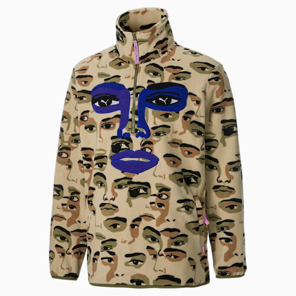 PUMA x KIDSUPER STUDIOS Men's Fleece Half- Zip AOP Sweatshirt, Pale Khaki-AOP, extralarge