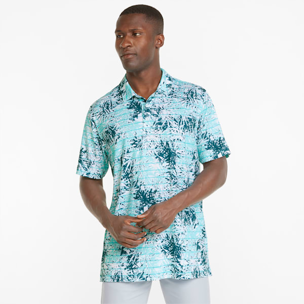 Camiseta tipo polo de Golf con estampado de hojas tropicales CLOUDSPUN para hombre, Angel Blue-Blue Coral, extralarge