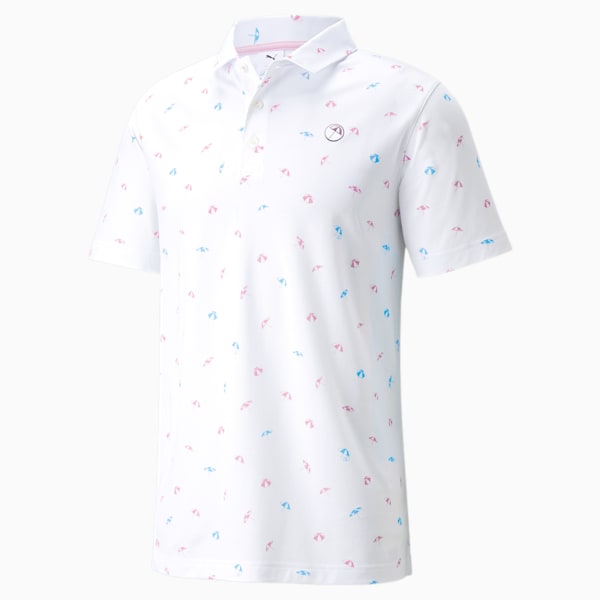 AP Dancing Umbrellas Men's Golf Polo Shirt, Bright White-Algiers Blue