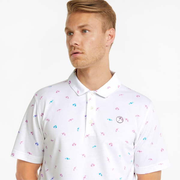 AP Dancing Umbrellas Men's Golf Polo Shirt, Bright White-Algiers Blue