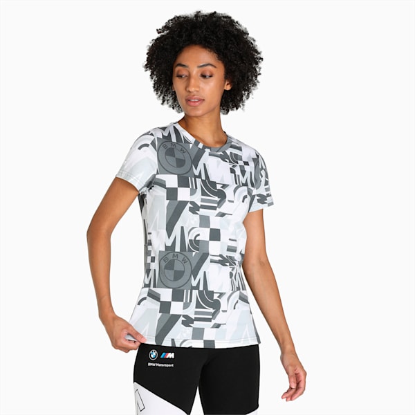 BMW M Motorsport Statement Printed Women's  T-shirt, Puma White-Gray color AOP, extralarge-IND