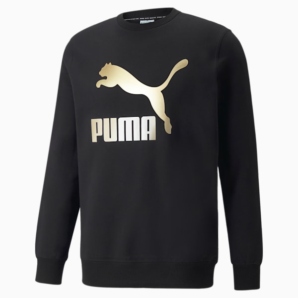 Classics Metallic Logo Crew Neck Men's Regular Fit Sweater, Puma Black-Gold, extralarge-IND
