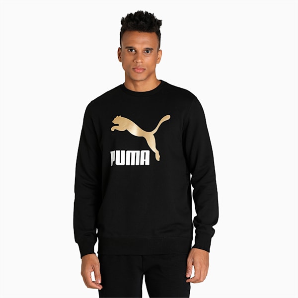 Classics Metallic Logo Crew Neck Men's Regular Fit Sweater, Puma Black-Gold, extralarge-IND