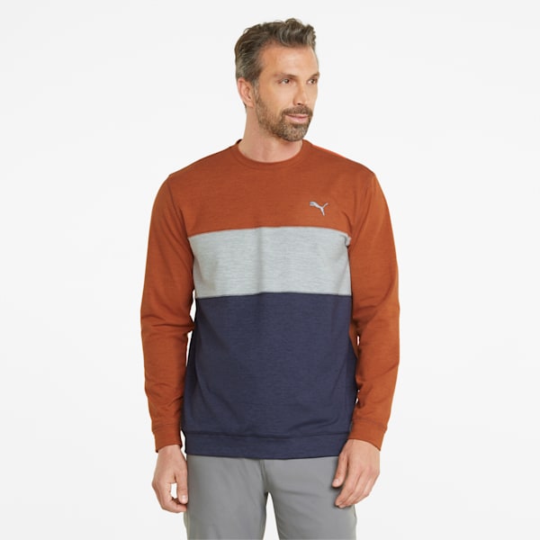CLOUDSPUN Men's Colorblocked Crew Neck Golf Sweatshirt, Warm Chestnut Heather-Navy Blazer Heather, extralarge