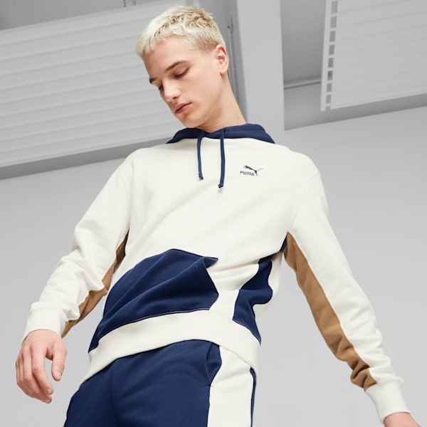 Sudadera con capucha y colores combinados para hombre, Warm White-Persian Blue, extragrande