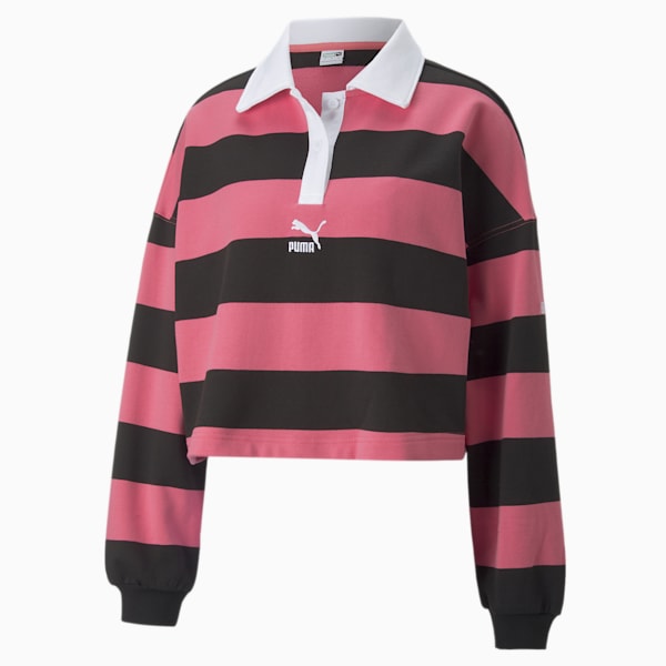 SWxP Striped Long Sleeve Women Oversized Polo Shirt, Sunset Pink, extralarge-AUS