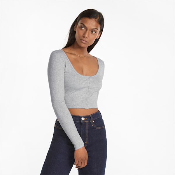 T-shirt côtelé Classics à manches longues Femme, Light Gray Heather, extralarge