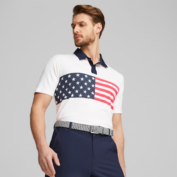 Polo de golf PUMA x VOLITION Flag Stripe para hombre, Bright White-Navy Blazer, extralarge