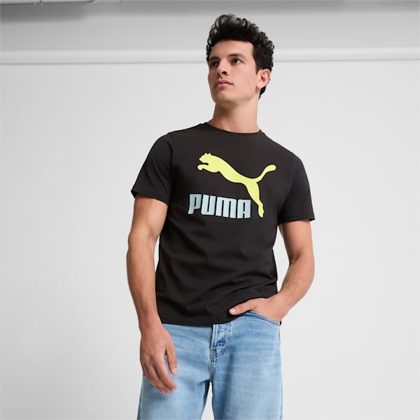 Playera con logotipo Classics para hombre, PUMA Black-Lime Sheen, extralarge