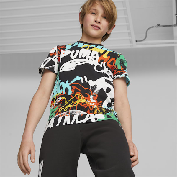 Basketball Block Party Boys' T-Shirt, PUMA Black-AOP, extralarge-AUS