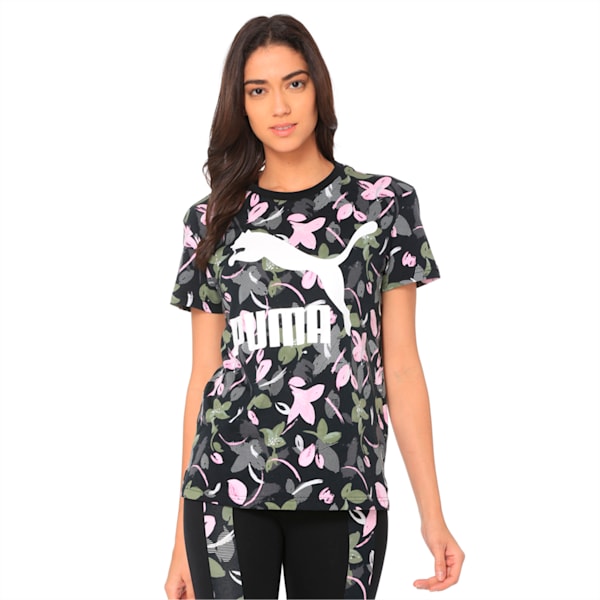 Classics All-Over Print Logo Women's Tee, Cotton Black-Flower-uprising, extralarge-IND
