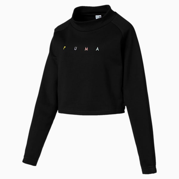Fierce Cat Women’s Cropped Crewneck Sweatshirt, Cotton Black, extralarge