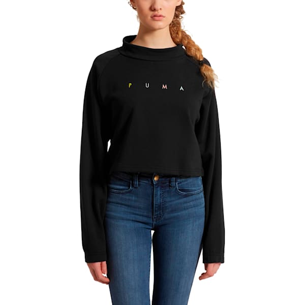 Fierce Cat Women’s Cropped Crewneck Sweatshirt, Cotton Black, extralarge