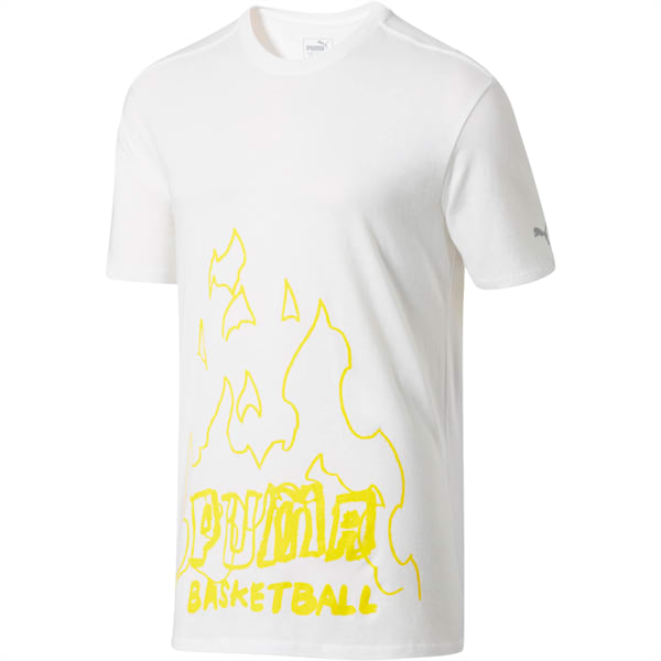PUMA Basketball Fire Tee, Puma White-yellow print, extralarge