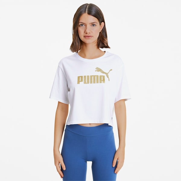 ESS+ ウィメンズ クロップド Tシャツ 半袖, Puma White-Gold
