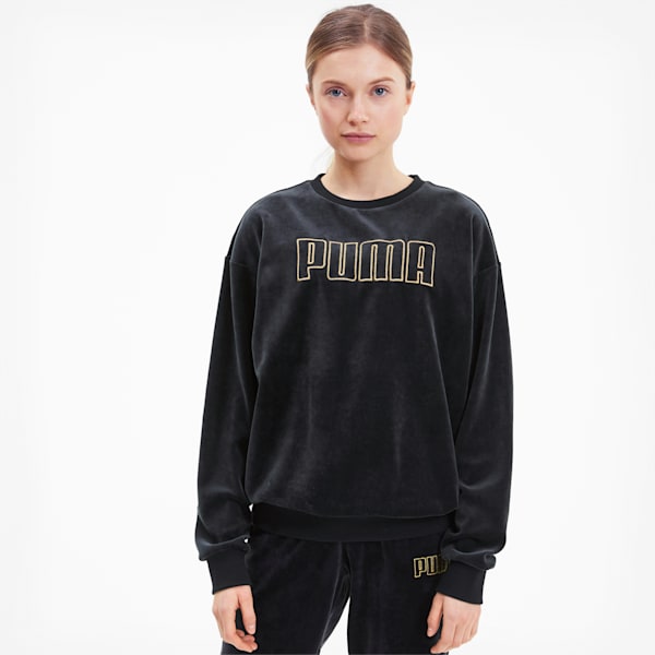 Modern Basics Women's Velour Crewneck Sweatshirt, Puma Black-Gold, extralarge