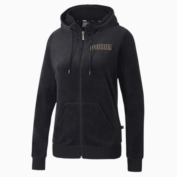 Modern Basics Women's Velour Full Zip Hoodie, Puma Black-Gold, extralarge