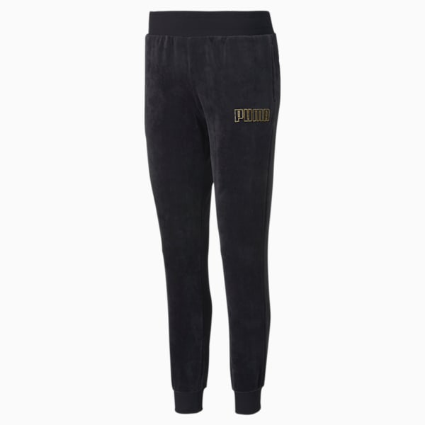 Modern Basics Velour Regular Fit Knitted Women's Pants, Puma Black-Gold, extralarge-IND
