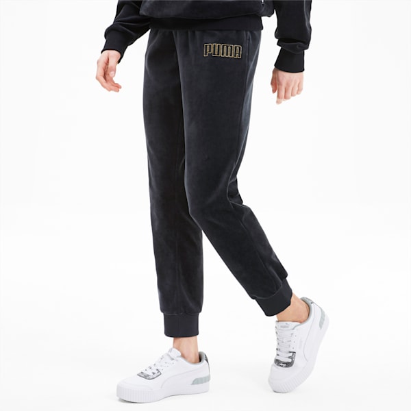 Modern Basics Velour Regular Fit Knitted Women's Pants, Puma Black-Gold, extralarge-IND