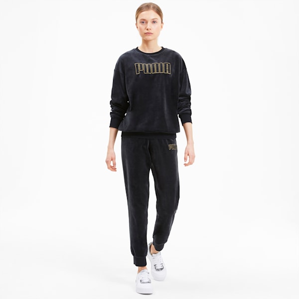 Modern Basics Velour Regular Fit Knitted Women's Pants, Puma Black-Gold, extralarge-IND