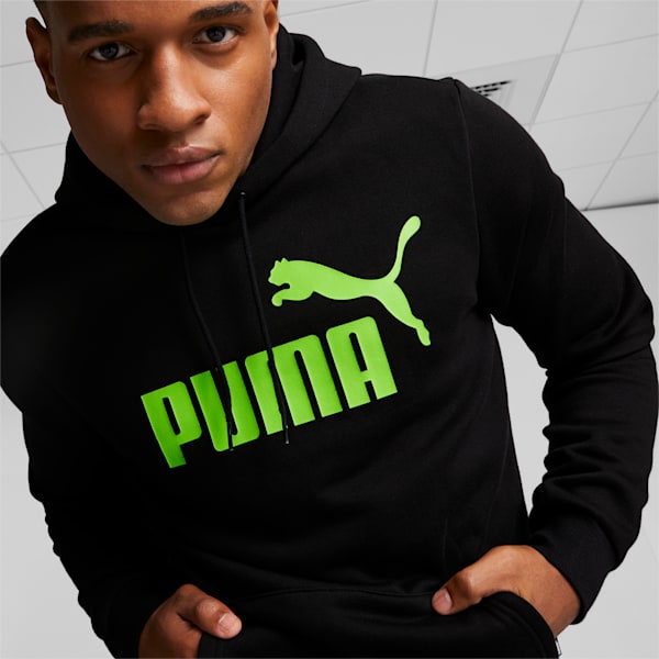 Sudadera con gorra con logotipo grande para hombre Essentials, Puma Black-Green flash, extralarge