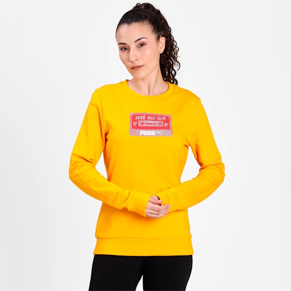 Mix Tape Graphic Crew-Neck Women's Sweatshirt, ULTRA YELLOW, extralarge-IND
