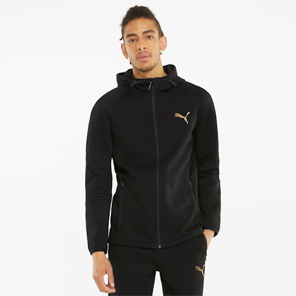 EVOSTRIPE Full-Zip Men's Slim Fit Polo Hoodie, Puma Black-Gold, extralarge-IND