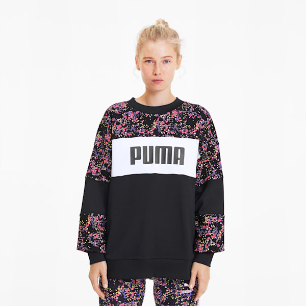 Women's AOP Crewneck Sweatshirt, Puma Black-Brand AOP, extralarge