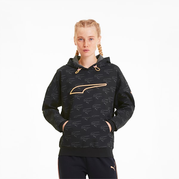 Evide Women's AOP Hoodie, Puma Black-fizzy orange, extralarge