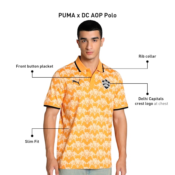 PUMA x DC Men's Printed Slim Fit Cricket Polo, Clementine-Peach Fizz-Club Navy, extralarge-IND