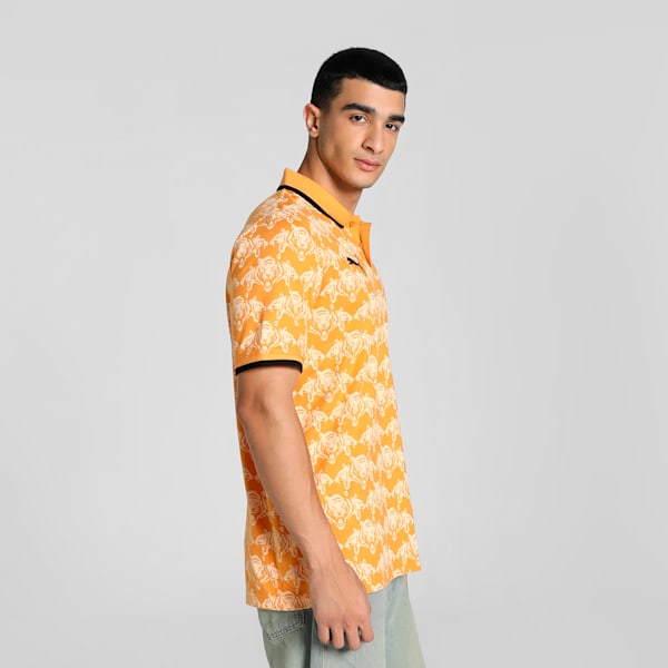 PUMA x DC Men's Printed Slim Fit Cricket Polo, Clementine-Peach Fizz-Club Navy, extralarge-IND