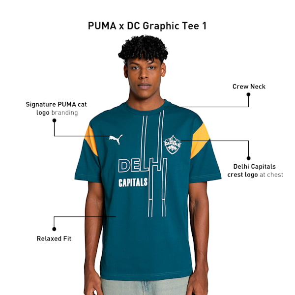 PUMA x DC Men's Graphic Relaxed Fit Cricket Tee, Ocean Tropic-Clementine, extralarge-IND