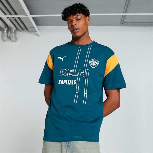 PUMA x DC Men's Graphic Relaxed Fit Cricket Tee, Ocean Tropic-Clementine, extralarge-IND
