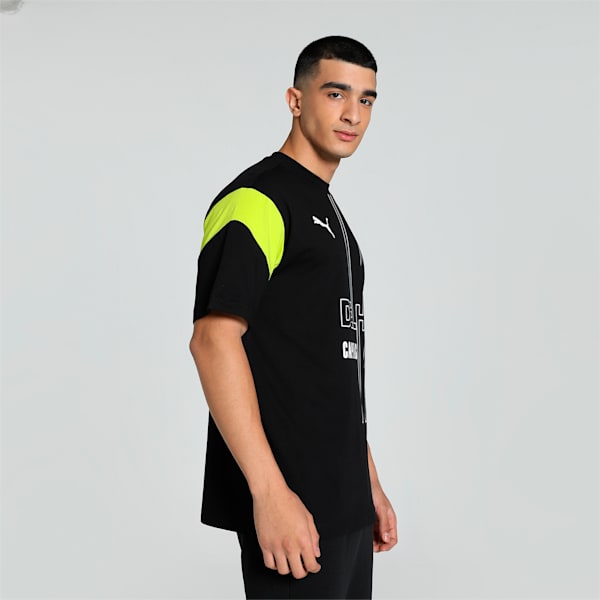 PUMA x DC Men's Graphic Relaxed Fit Cricket Tee, PUMA Black-Lime Smash-PUMA White, extralarge-IND