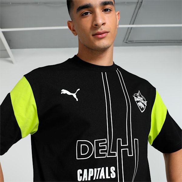 PUMA x DC Men's Graphic Relaxed Fit Cricket Tee, PUMA Black-Lime Smash-PUMA White, extralarge-IND