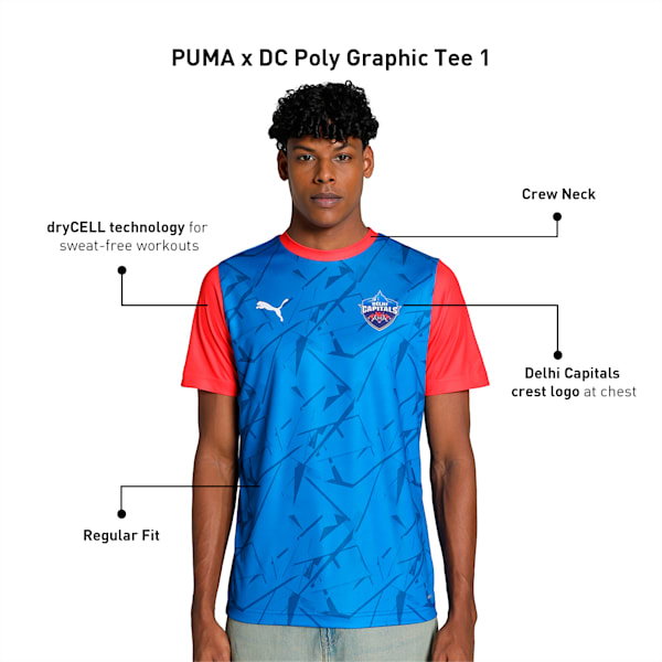 PUMA x DC Men's Poly Graphic Cricket Tee, Strong Blue-For All Time Red, extralarge-IND
