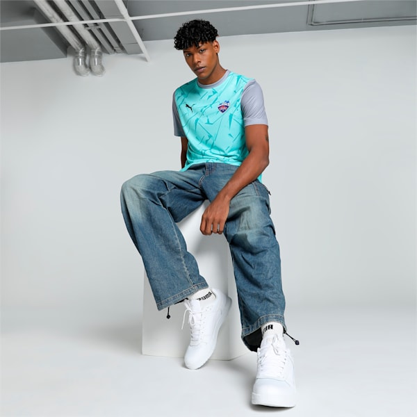 PUMA x DC Men's Poly Graphic Cricket Tee, Electric Peppermint-Cool Mid Gray, extralarge-IND