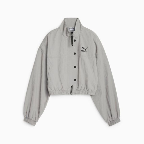 DARE TO Women's Cropped Woven Jacket, Concrete Gray, extralarge
