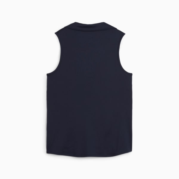 Navy PUMA sleeveless top for adults with a collared neck, back view.