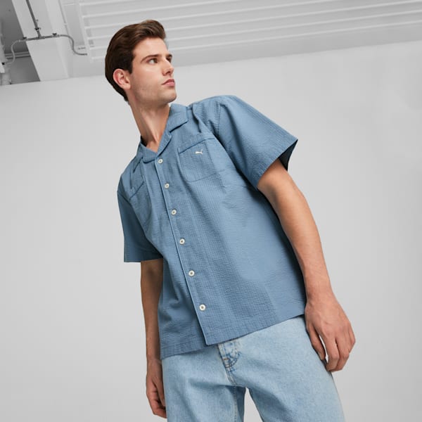 Camisa MMQ Seersucker para hombre, Zen Blue, extralarge