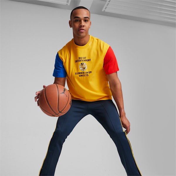 SHOWTIME Clown On Em Men's Basketball Tee, Yellow Sizzle-Electric Blue Lemonade-For All Time Red, extralarge